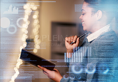 Buy stock photo Night, hologram and woman with notebook, planning and overlay with finance, futuristic ideas and smile. Female employee, worker and entrepreneur writing, holographic and analysis for growth in office