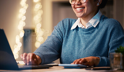 Buy stock photo Laptop, smile and business woman with calculator in office at night while working on project deadline. Bokeh, accounting and happy female professional accountant calculating finance with computer.