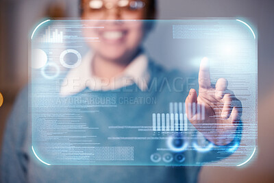 Buy stock photo Worker, hands or hologram screen in night office on financial management, stock market trading or business growth data. Zoom, woman or finger on abstract touch for chart, graph or interactive finance