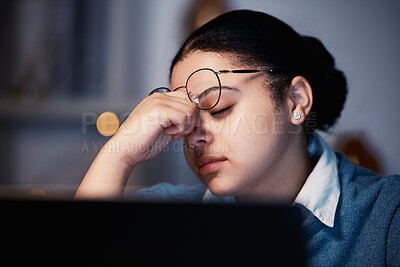 Buy stock photo Night, entrepreneur and woman with headache, burnout and overworked in workplace, deadline and mental health. Female employee, consultant and manager with stress, migraine and frustrated with fatigue