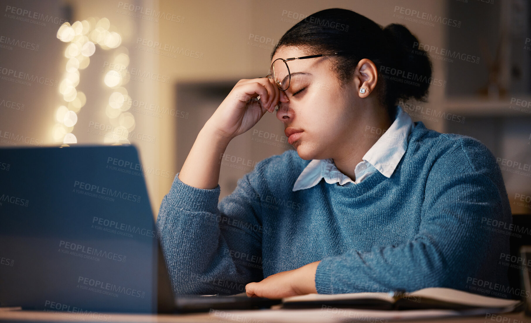 Buy stock photo Night, business and woman with headache, stress and deadline for new project, schedule and burnout. Female employee, manager and entrepreneur overworked, mental health and depression in workplace