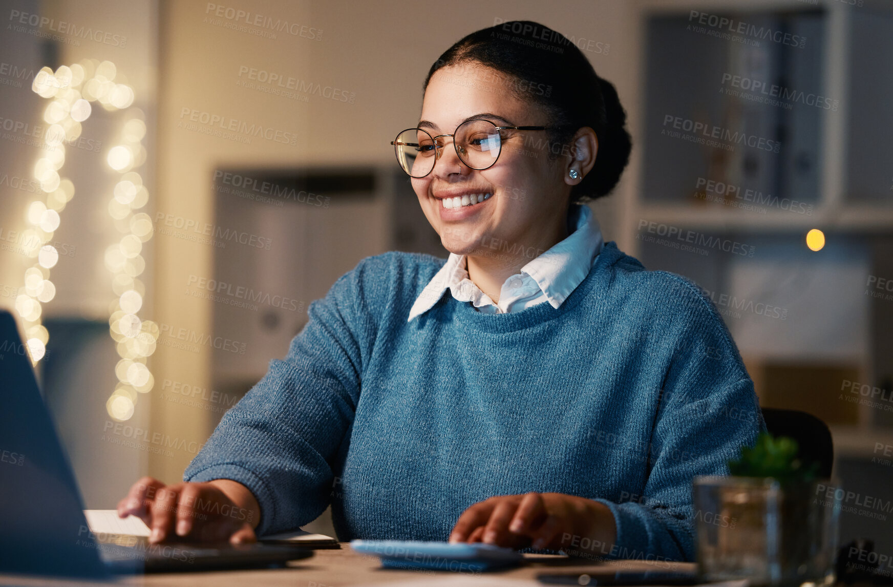 Buy stock photo Laptop, accountant and business woman with calculator in office at night working on bookkeeping, tax or budget. Bokeh smile, accounting and happy female professional calculating finance with computer