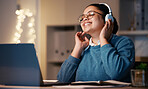 Music headphones, student and woman in home at night streaming radio or podcast after elearning. Freelancer, remote worker or happy business female listening or enjoying audio, song or album in house