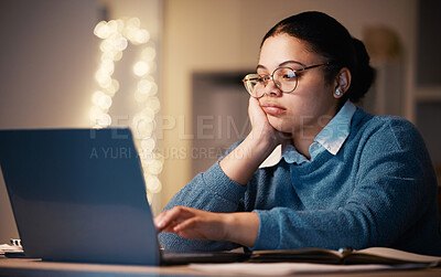 Buy stock photo Laptop, bored student and woman in home for late night studying, knowledge research or elearning. Sad, depression and female with fatigue, boredom and burnout while on computer for education in house