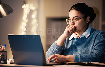 Buy stock photo Business woman, laptop and thinking in home at night, working on project or research. Idea, reading or female professional, freelancer or remote worker on computer planning, contemplating or decision