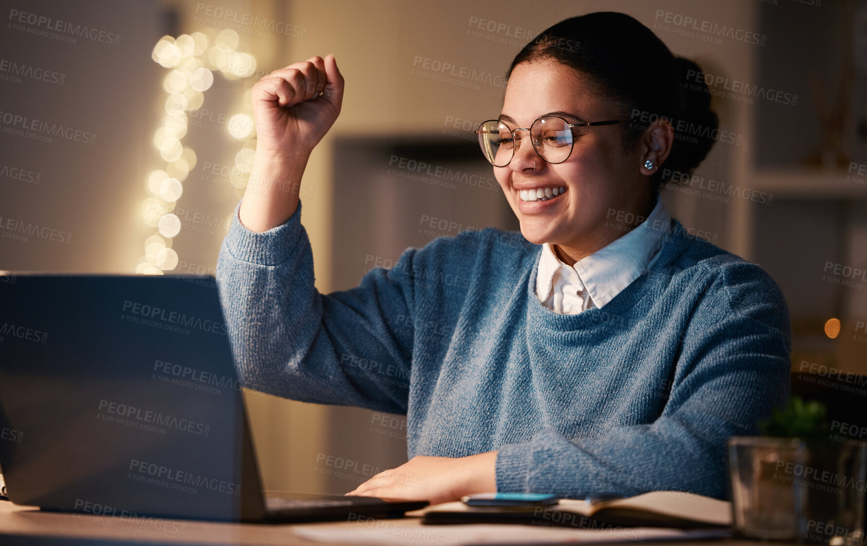Buy stock photo Business, student or success fist for laptop reading in night office on financial software, investment data or growth analytics. Smile, happy or winner woman on technology in working late achievement