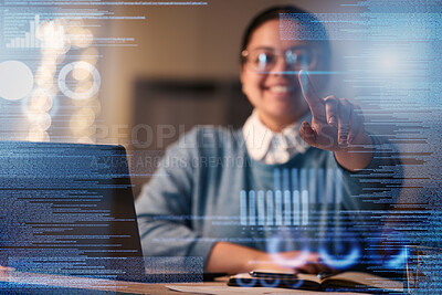 Buy stock photo Business worker, hands or hologram screen in night office on financial software, stock market trading or growth tech data. Zoom, finger or abstract touch for finance chart or happy interactive woman