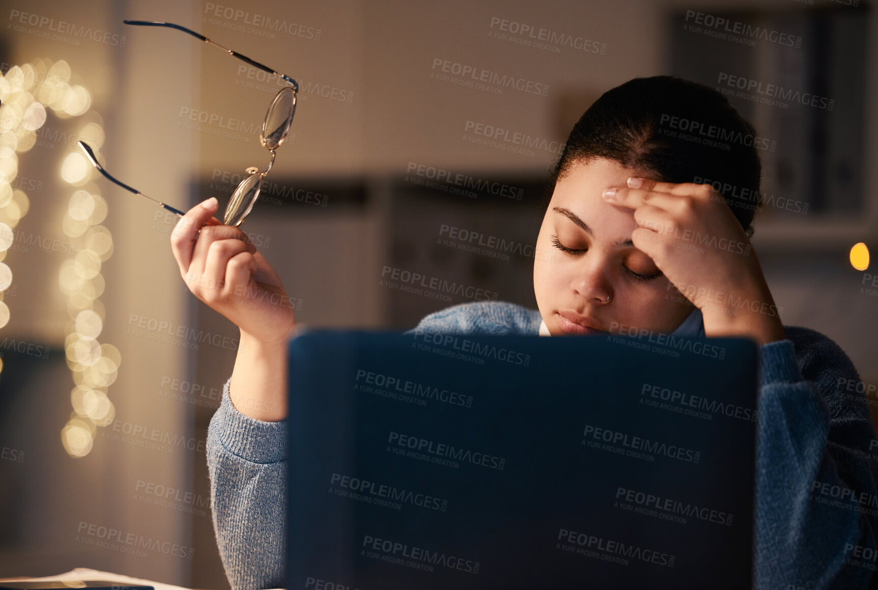 Buy stock photo Mental health, laptop and night woman with burnout from university research, college project or essay. Education learning, school study or philosophy student with headache, stress or crisis problem
