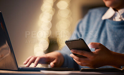 Buy stock photo Hands, business phone and laptop in office for web browsing, research or social media. Night bokeh, cellphone or woman, professional or employee with mobile smartphone for internet scrolling online.