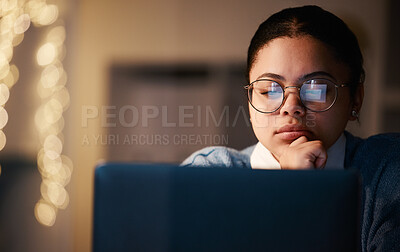 Buy stock photo Woman, thinking or reading laptop in night office for growth planning, finance investment or risk management solution. Serious, concentration or working late student on technology with mock up ideas