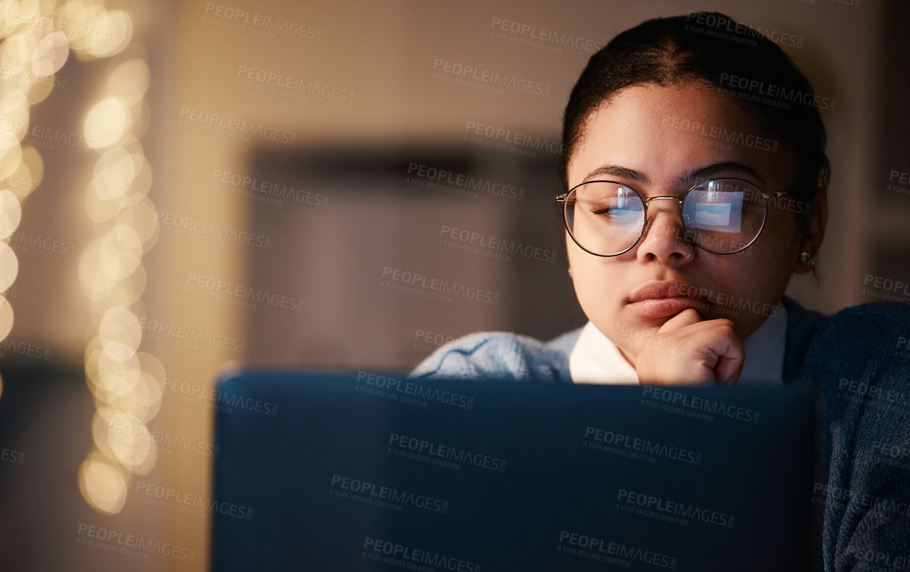 Buy stock photo Woman, thinking or reading laptop in night office for growth planning, finance investment or risk management solution. Serious, concentration or working late student on technology with mock up ideas