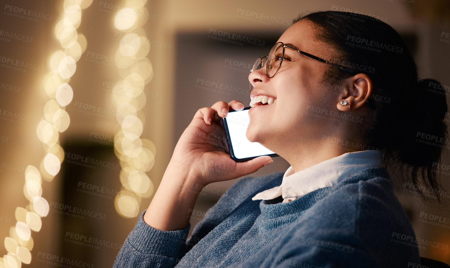 Buy stock photo Phone call, business woman and laughing in office at night, chatting or speaking to contact. Thinking, bokeh overtime and happy female employee with mobile for funny conversation or comic discussion.