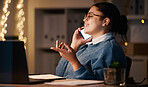 Business woman, phone call and talking in office at night, chatting or speaking to contact. Bokeh, overtime and happy female employee with mobile smartphone for conversation, networking or discussion