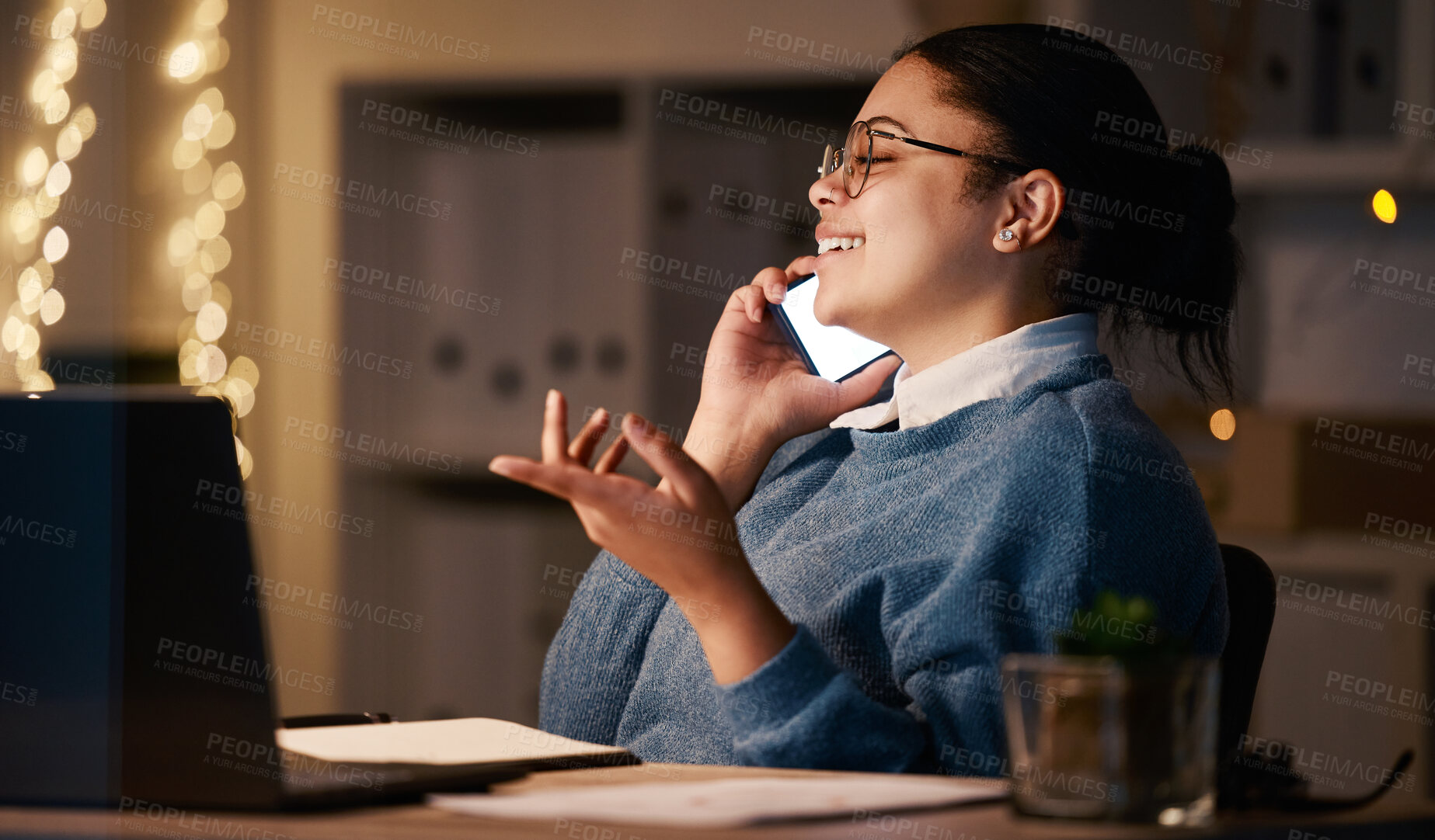 Buy stock photo Business woman, phone call and talking in office at night, chatting or speaking to contact. Bokeh, overtime and happy female employee with mobile smartphone for conversation, networking or discussion