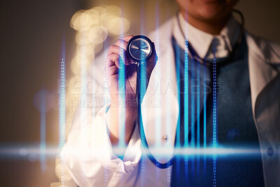 Buy stock photo Doctor, woman and hands with stethoscope in holographic overlay in night, heartbeat check and medical hospital. Medic, 3d hologram and cardiology for health analysis, helping hand and dark clinic