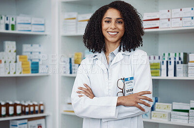 Healthcare, smile and portrait of black woman in pharmacy, and happy to help with advice on prescription drugs. Confidence, medicine and medical professional or pharmacist for health and wellness.
