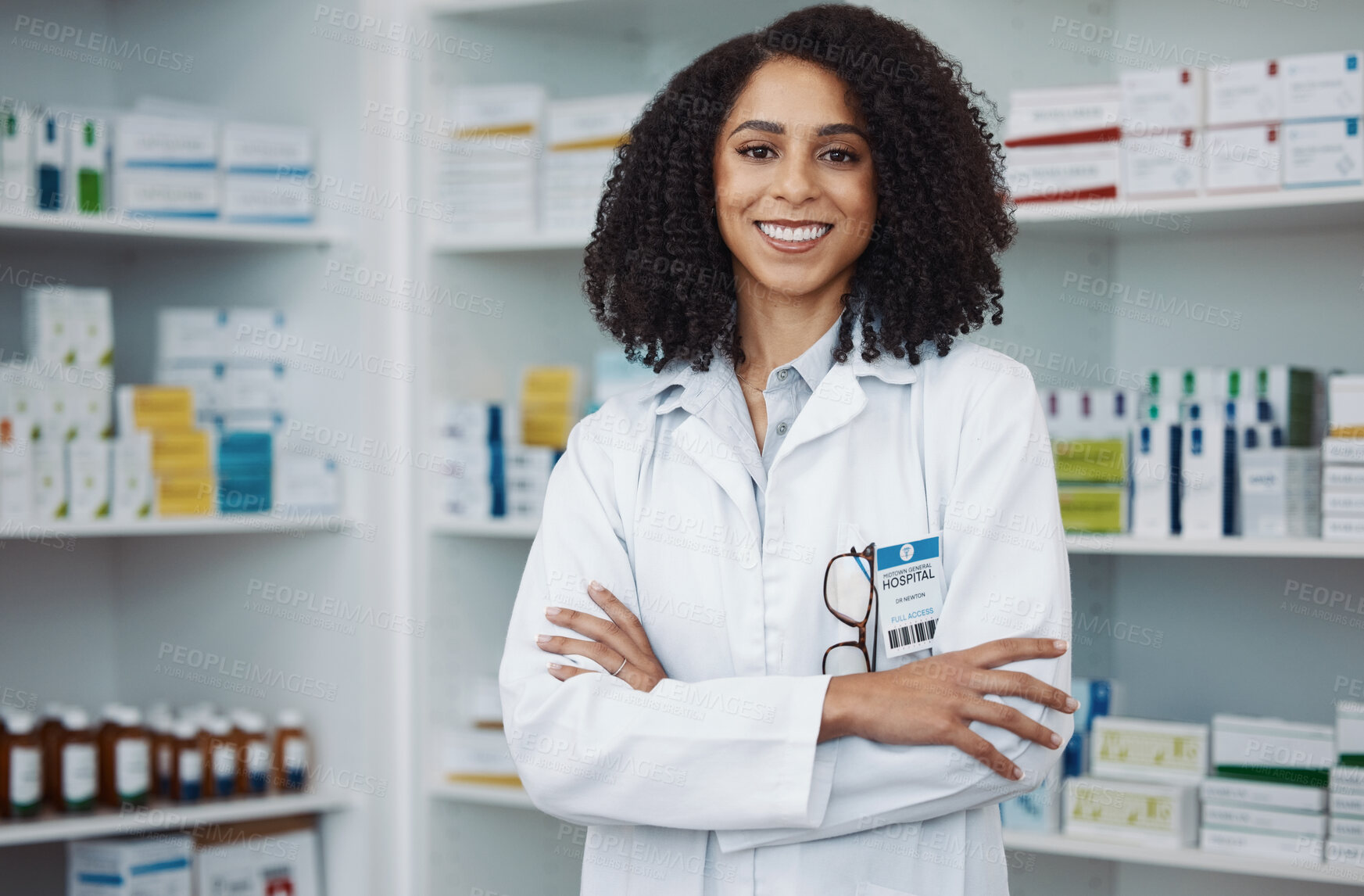 Buy stock photo Healthcare, smile and portrait of woman in pharmacy, and happy to help with advice on prescription drugs. Confidence, medicine and medical professional or pharmacist for health and wellness.