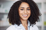 Healthcare, smile and portrait of black woman pharmacist, zoom on face and happy to help with advice. Confidence, medicine and medical professional and consultant in pharmacy for health and wellness.