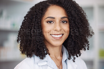 Buy stock photo Healthcare, smile and portrait of black woman pharmacist, zoom on face and happy to help with advice. Confidence, medicine and medical professional and consultant in pharmacy for health and wellness.