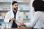 Medicine, prescription and explaining with a pharmacist man talking to a woman customer for healthcare. Medication, consulting and insurance with a male health professional working in a pharmacy