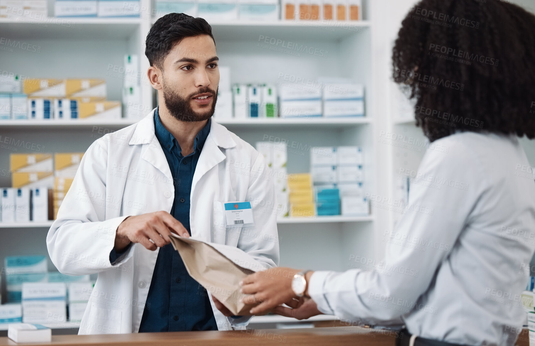 Buy stock photo Medicine, prescription and explaining with a pharmacist man talking to a woman customer for healthcare. Medication, consulting and insurance with a male health professional working in a pharmacy