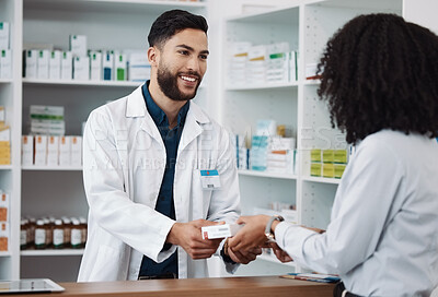 Buy stock photo Man, pharmacist and medication consulting customer at counter for prescription drugs or medicine at the clinic. Male doctor giving patient medical antibiotics at the pharmacy for healthcare wellness