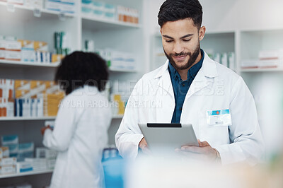 Buy stock photo Pharmacy, happy man pharmacist and tablet product management, medicine stock research or online inventory. Digital tech, telehealth service and retail logistics of medical doctor or people in shop