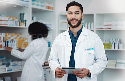 Buy stock photo Smile, tablet and portrait of man pharmacist with online checklist, inventory and happy to help with advice. Confidence, medicine and medical professional and healthcare consultant in health pharmacy