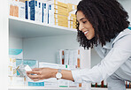 Pharmacy, medicine and product with black woman in store for healthcare, drugs dispensary and treatment prescription. Medical, pills and shopping with pharmacist for check, label information or shelf