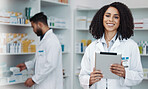 Smile, tablet and portrait of black woman pharmacist with online checklist and happy to help with advice. Confidence, medicine and medical professional and healthcare consultant in wellness pharmacy.