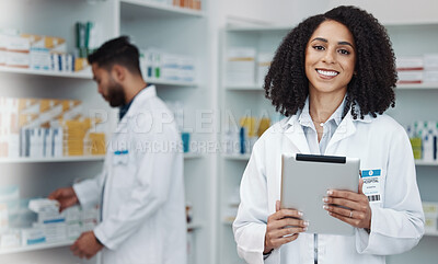 Buy stock photo Smile, tablet and portrait of woman pharmacist with online checklist and happy to help with advice. Confidence, medicine and medical professional and healthcare consultant in wellness pharmacy.