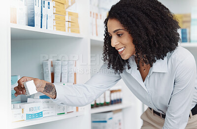 Buy stock photo Pharmacy, product and shelf with woman in store for healthcare, drugs dispensary and treatment prescription. Medical, pills and shopping with pharmacist for check, label information or medicine