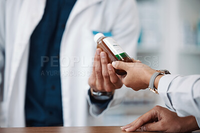 Buy stock photo Hands, bottle or medicine with a pharmacist and customer in a drugstore for prescription treatment. Healthcare, medical or pharmacy with a consultant and patient in a dispensary for insurance