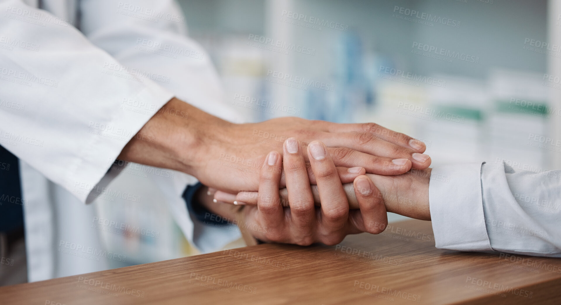 Buy stock photo Empathy, support and pharmacy with hand holding with people for consulting, rehabilitation and results. Kindness, medical and healthcare with expert and patient for healing, help and sympathy 