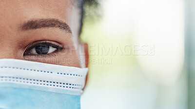 Buy stock photo Eye focus, covid mask zoom and mockup of a black woman outdoor with blurred background. Eyes closeup, portrait and health care for optometry and eyesight check with young African female with mock up