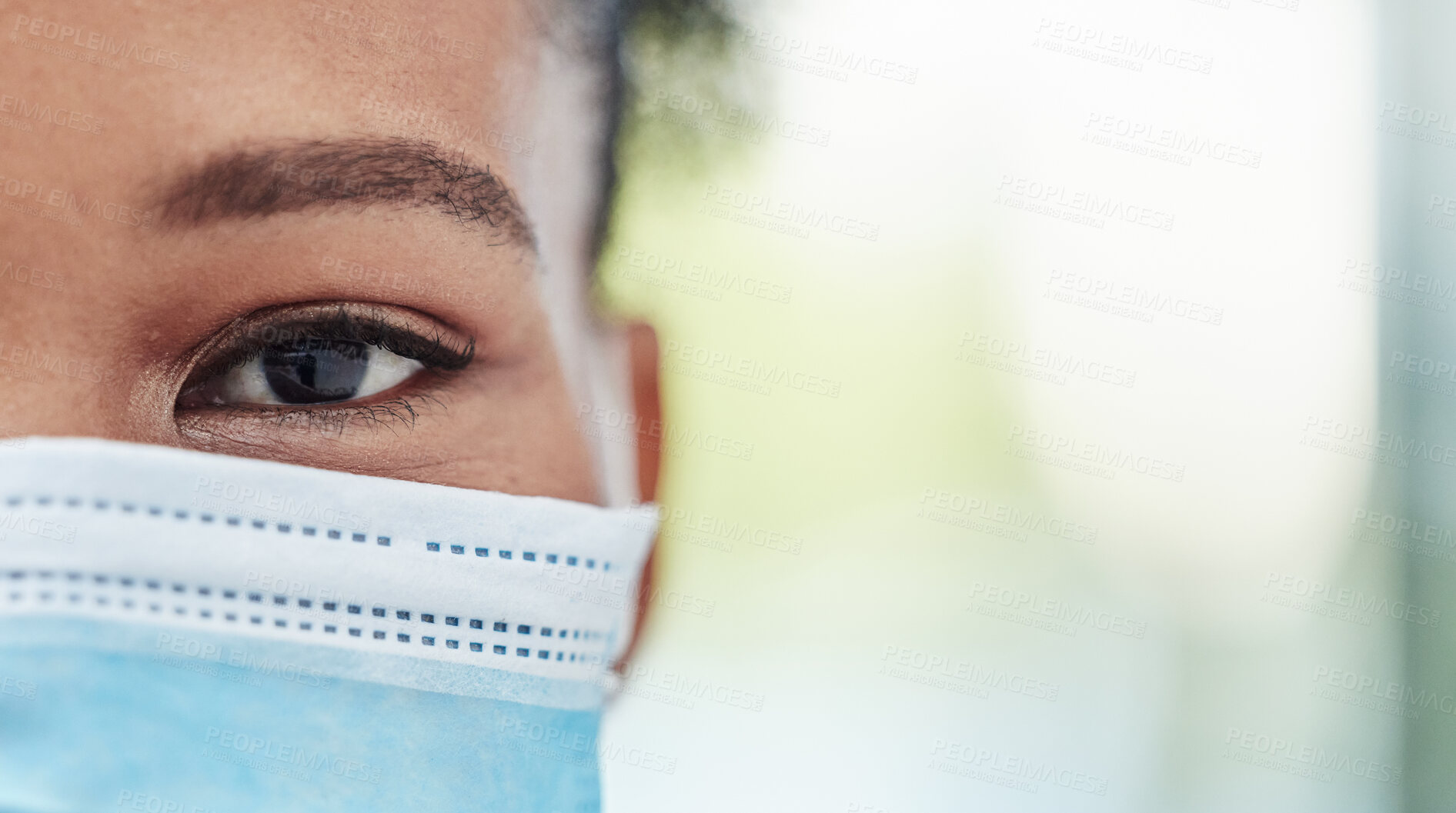 Buy stock photo Eye focus, covid mask zoom and mockup of a black woman outdoor with blurred background. Eyes closeup, portrait and health care for optometry and eyesight check with young African female with mock up