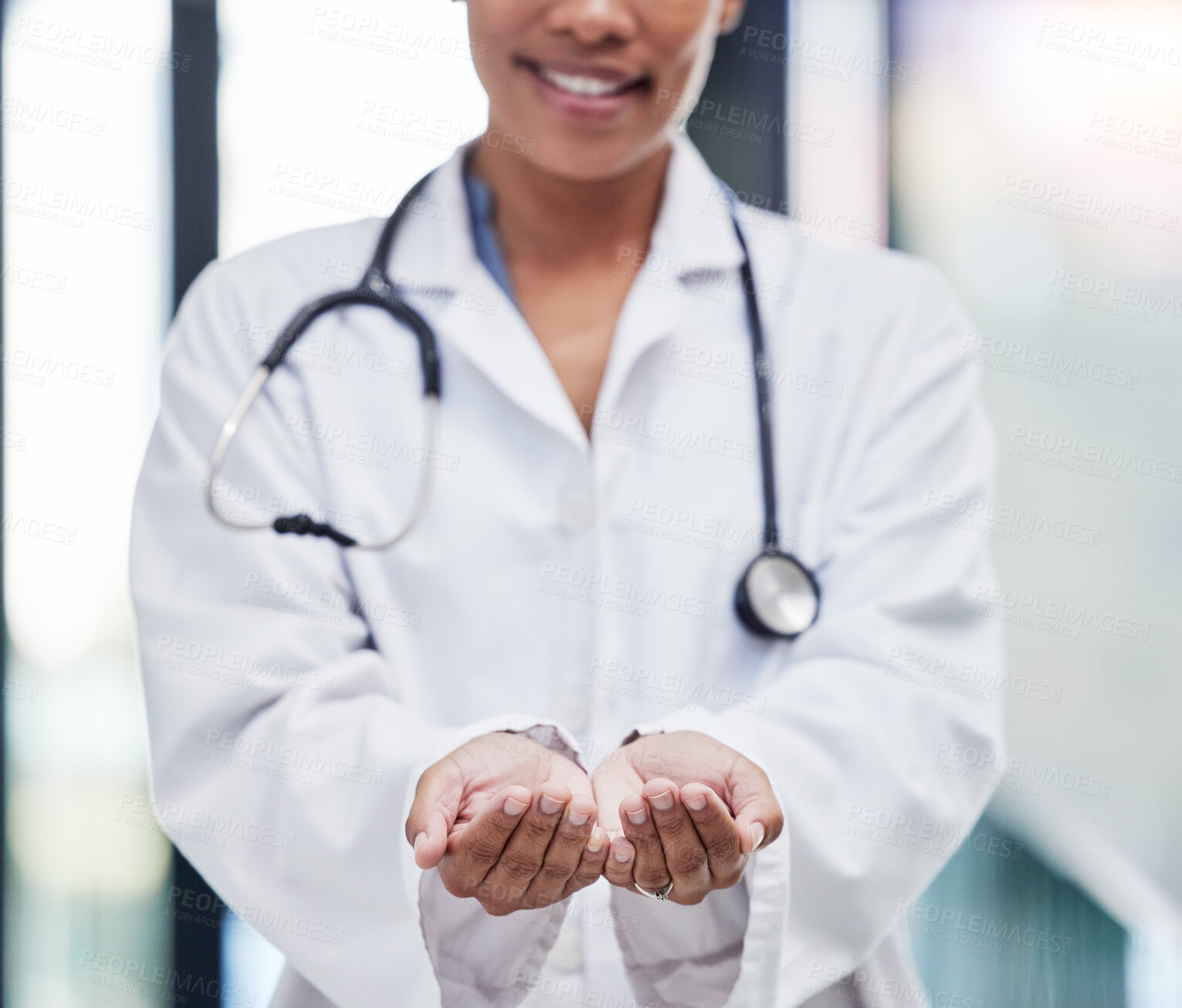 Buy stock photo Ask, hands and open doctor in a hospital need help with donation, trust and support in a clinic with care. Medical, welcome and woman healthcare professional or worker with empty palm as trust