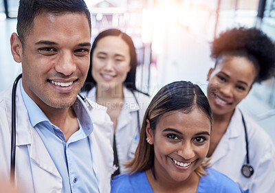 Buy stock photo Healthcare, portrait and group selfie of doctors in hospital with pride, smile and clinic teamwork. Happy medical employees, diversity and profile picture to update about us on website, face or trust