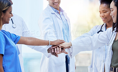 Buy stock photo Community, teamwork and medical with hands of doctors for support, diversity and solidarity. Healthcare, synergy and stack with group of people for mission, medicine and motivation in hospital