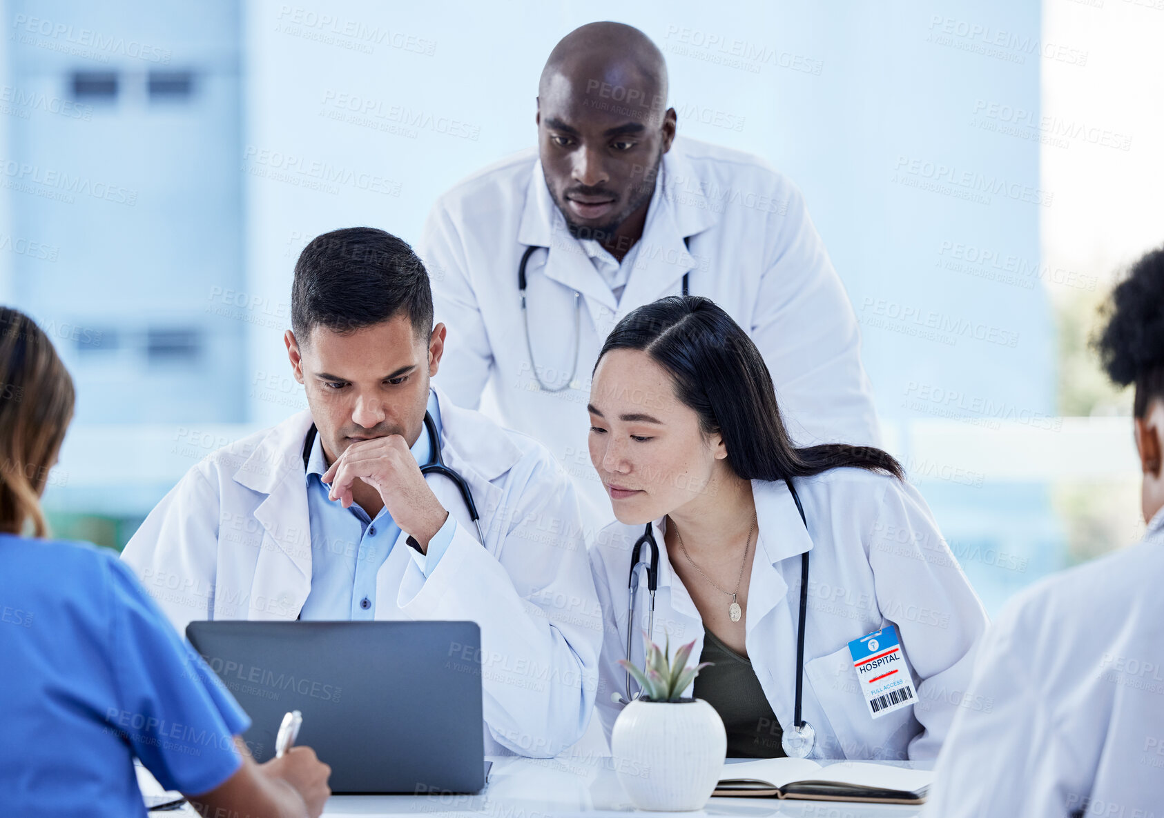 Buy stock photo Healthcare, doctors and thinking on laptop for teamwork analysis, test results and medicine research. Diversity, medical group and computer planning for information, hospital collaboration and review