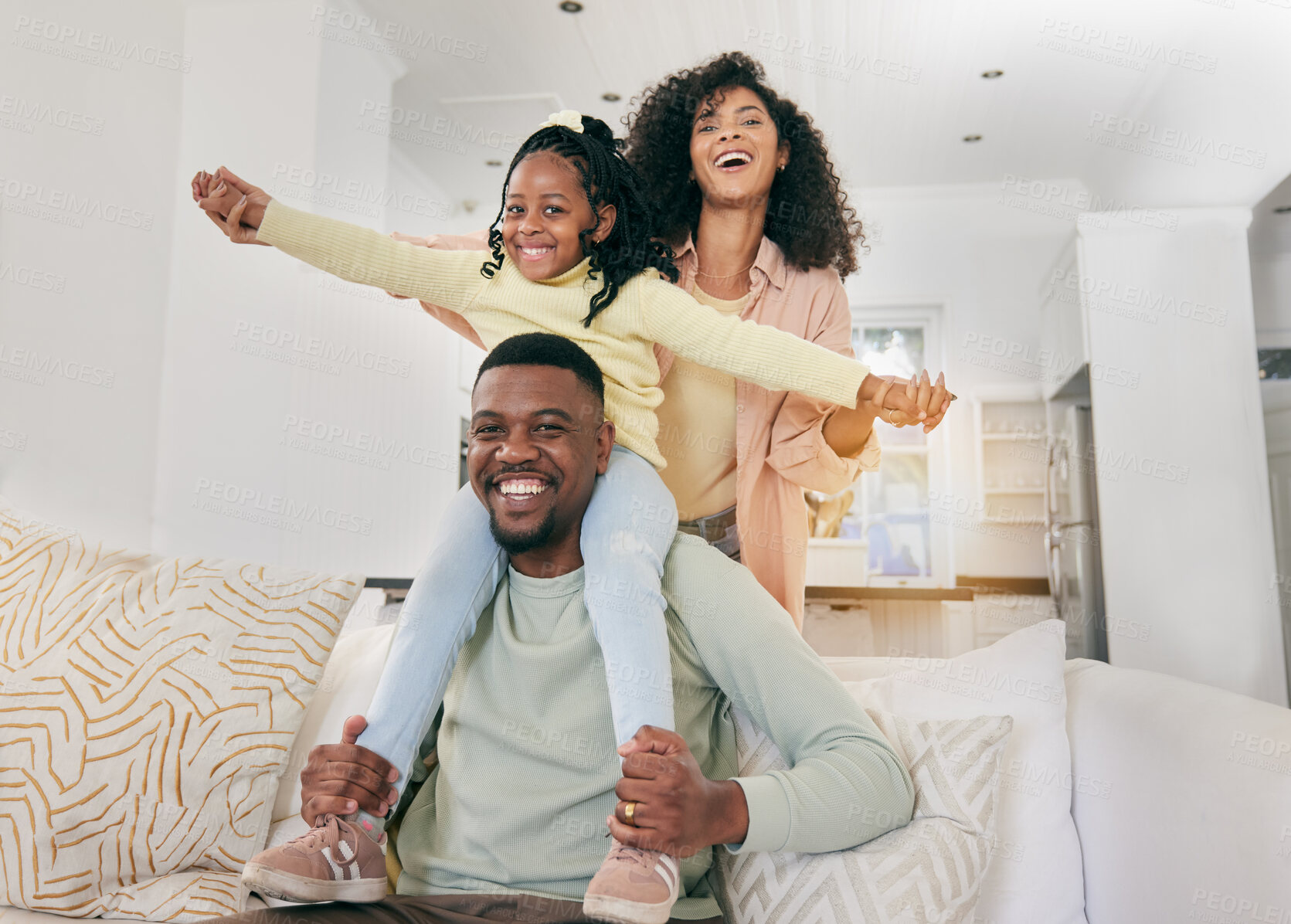 Buy stock photo Portrait, love and black family on couch, quality time and happiness for bonding, loving and playing on weekend break. Face, parents and mother with father, female kid and child on sofa, smile or joy