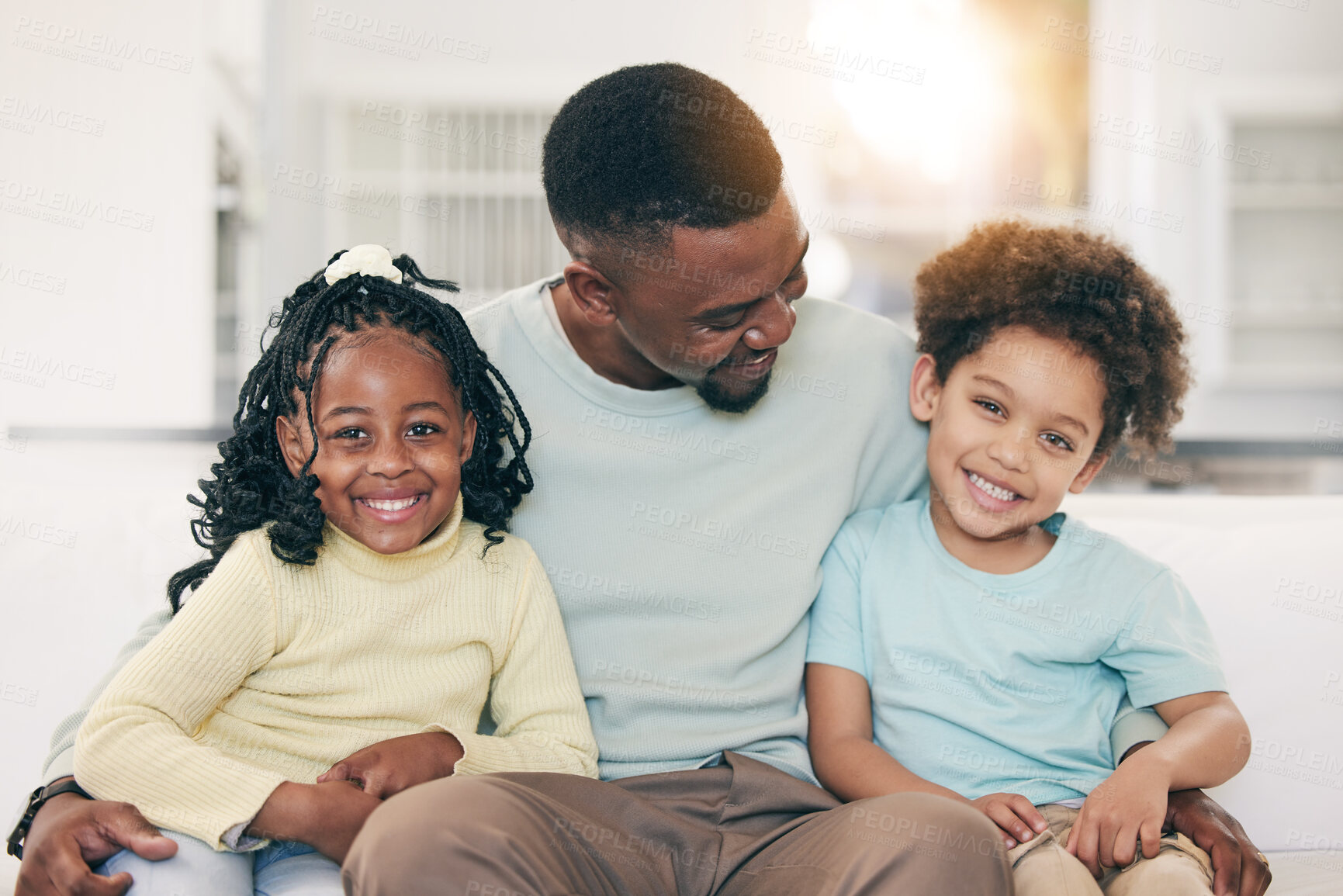 Buy stock photo Black family, home and children portrait with happiness and parent love in a living room. House, smile and happy kids with father care and support in a household together with dad feeling positive