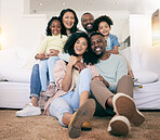 Black family, smile and portrait on couch with kids, parents and grandparents with happiness, love and care. Senior man, women and children with generations, hug and bonding in living room on floor