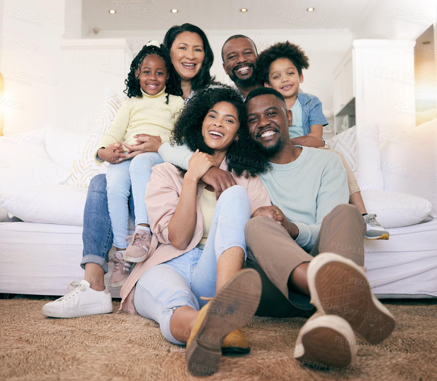 Buy stock photo Black family, smile and portrait on couch with kids, parents and grandparents with happiness, love and care. Senior man, women and children with generations, hug and bonding in living room on floor