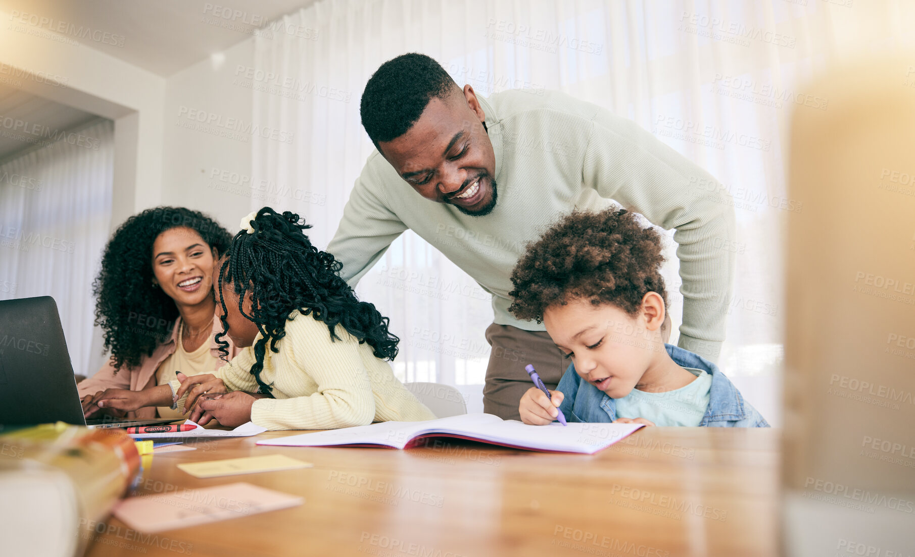 Buy stock photo Writing, drawing and parents with children for homework, school activity and learning with notebooks. Black family, education and happy mom, dad and kids smile for teaching, lesson and help at home