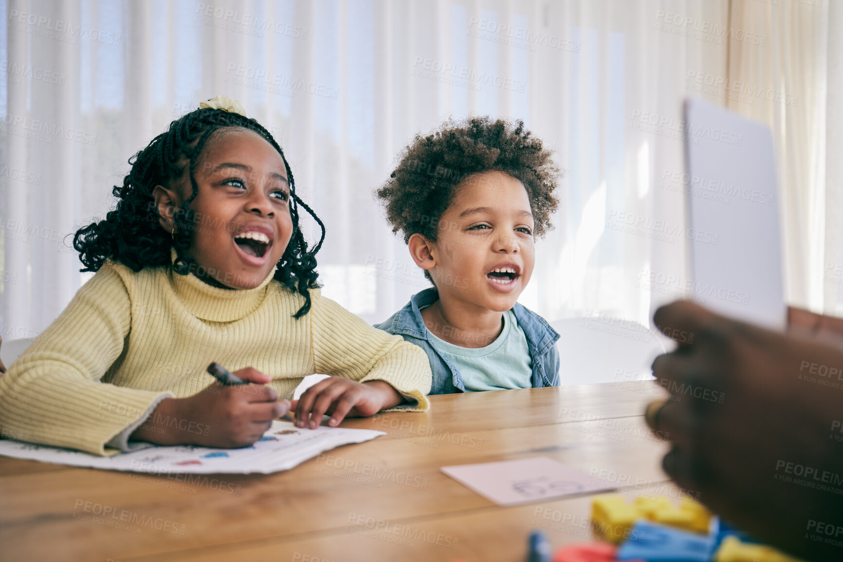 Buy stock photo Parents help children with homework, school activity and learning at desk with paper, drawing and lesson cards. Black family, education and happy boy and girl smile for creative teaching at home