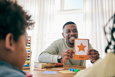 Buy stock photo Shape, education and father with children for homework, school activity and learning with toys. Black family, knowledge and happy dad with kids smile for teaching, creative lesson and help at home