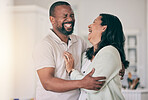 Senior black couple, home and laugh together with hug, happiness or relax for funny memory with love. Black man, woman and mature in house for embrace, comic time or bonding for comedy, happy or care