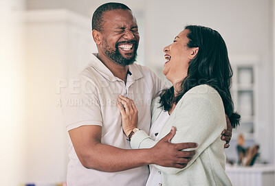 Buy stock photo Senior black couple, home and laugh together with hug, happiness or relax for funny memory with love. Black man, woman and mature in house for embrace, comic time or bonding for comedy, happy or care