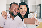 Senior black couple, selfie and smile in home together for hug, social media or relax for memory for love. Mature man, woman and digital photography app in house for embrace, bonding or happy support